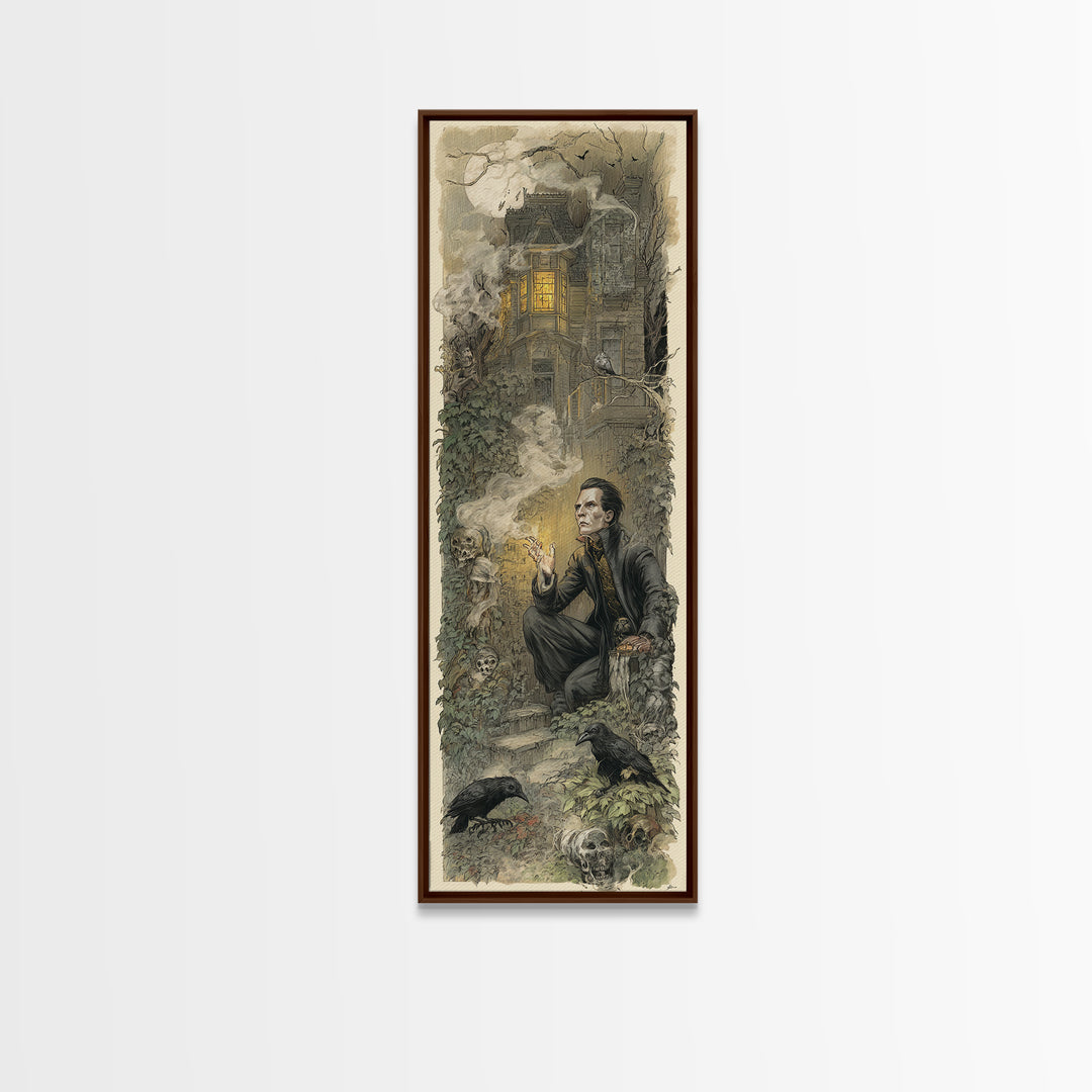 The Haunted Manor, Symbolist Etching Art, Tall Narrow Wall Art, Dark Fantasy Wall Art, Framed Canvas Print, Halloween Wall Art