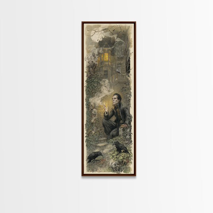 The Haunted Manor, Symbolist Etching Art, Tall Narrow Wall Art, Dark Fantasy Wall Art, Framed Canvas Print, Halloween Wall Art