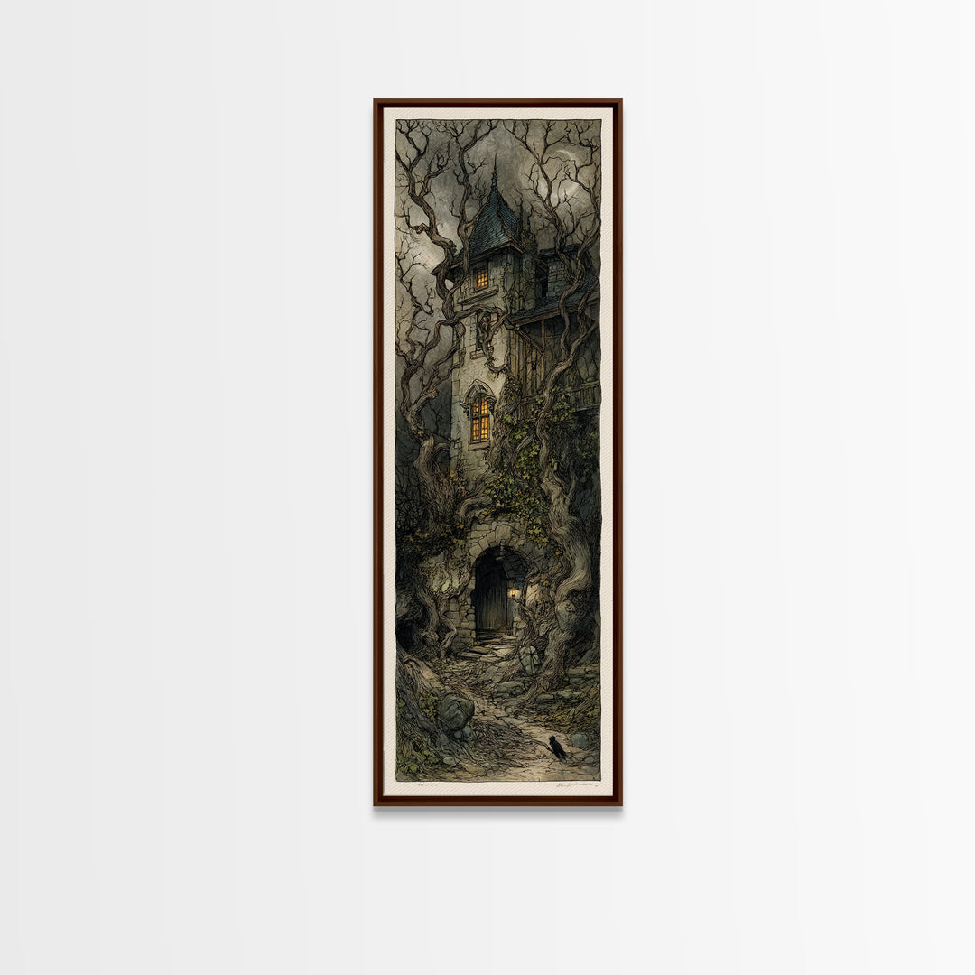 The Haunted Manor, Gothic Storybook Art, Tall Narrow Wall Art, Macabre Wall Art, Canvas Print, Halloween Wall Art, Statement Wall Art