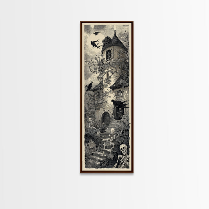 The Haunted Manor, Macabre Folk Print Art, Tall Narrow Wall Art, Gothic Horror Wall Art, Canvas Print, Halloween Wall Art