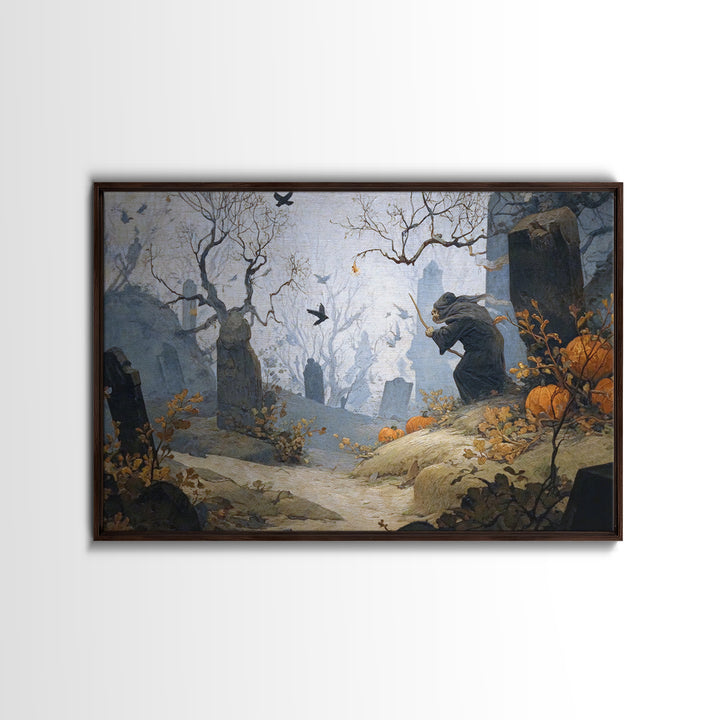 The Moonlit Cemetery, Medieval Grotesque Art, Landscape Wall Art, Macabre Wall Art, Framed Canvas Print, Halloween Wall Art