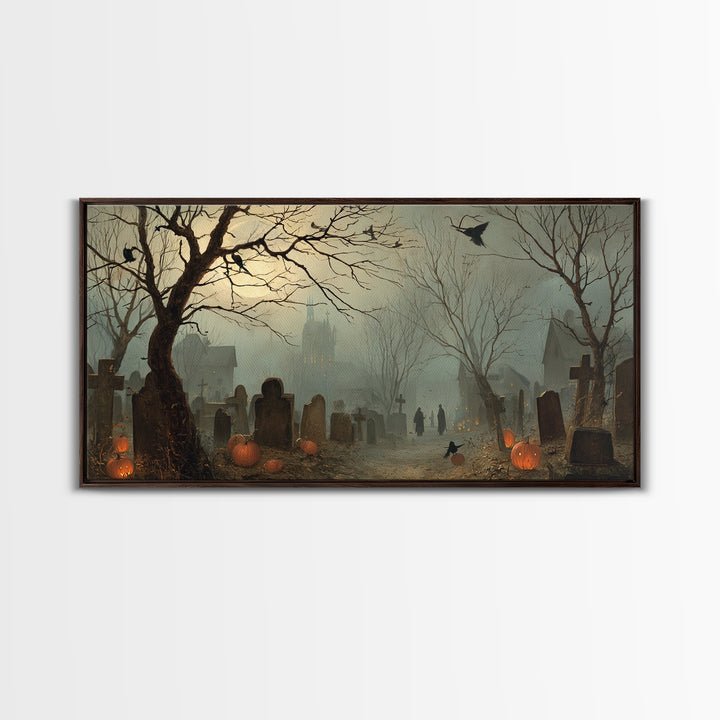 The Moonlit Cemetery, Northern Renaissance Horror, Wide Panoramic Art, Gothic Horror Wall Art, Framed Canvas Print