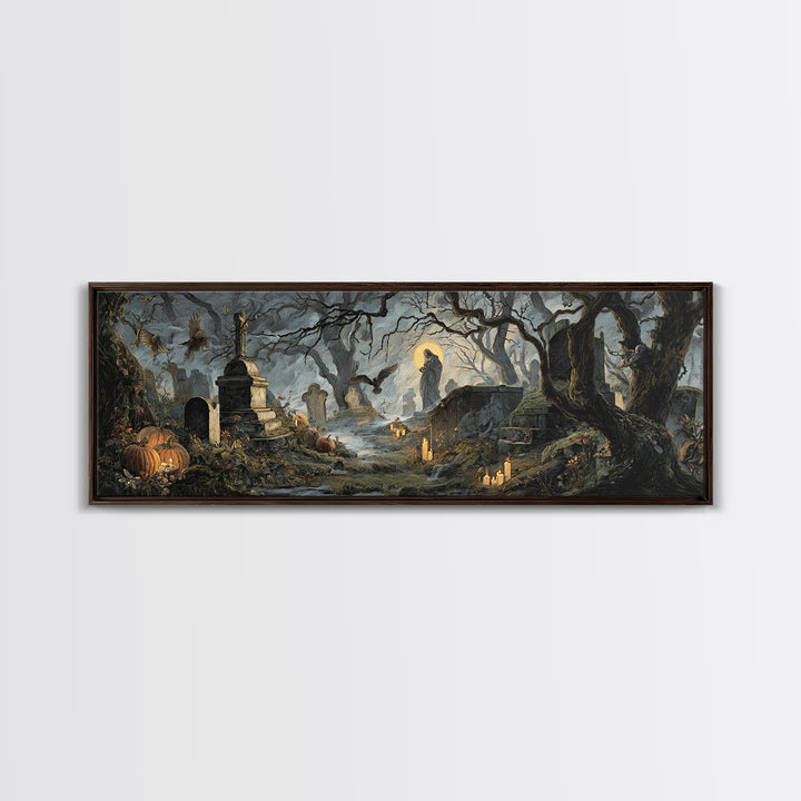 The Moonlit Cemetery, Dark Renaissance Art, Extra Wide Wall Art, Dark Fantasy Wall Art, Canvas Print, Halloween Wall Art