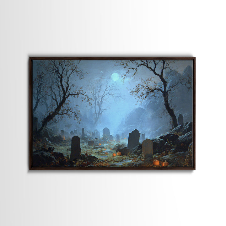 The Moonlit Cemetery, Baroque Witchcraft Art, Landscape Wall Art, Gothic Horror Wall Art, Framed Canvas Print, Halloween Wall Art