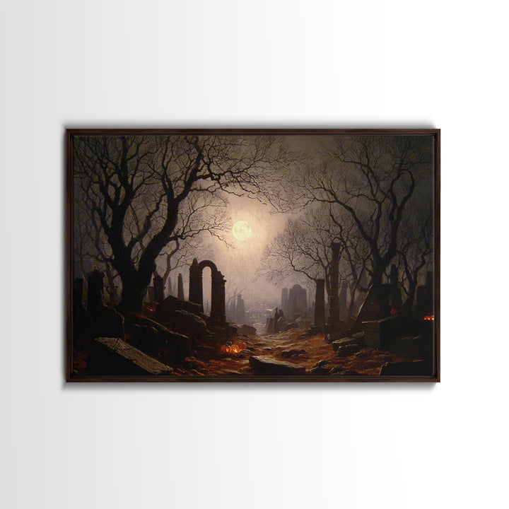 The Moonlit Cemetery, Romantic Gothic Landscape, Landscape Wall Art, Dark Fantasy Wall Art, Framed Canvas Print, Gothic Home Decor