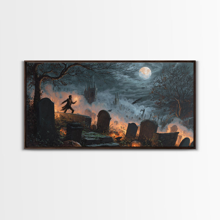 The Moonlit Cemetery, Apocalyptic Romantic Art, Wide Panoramic Art, Macabre Wall Art, Framed Canvas Print, Halloween Wall Art