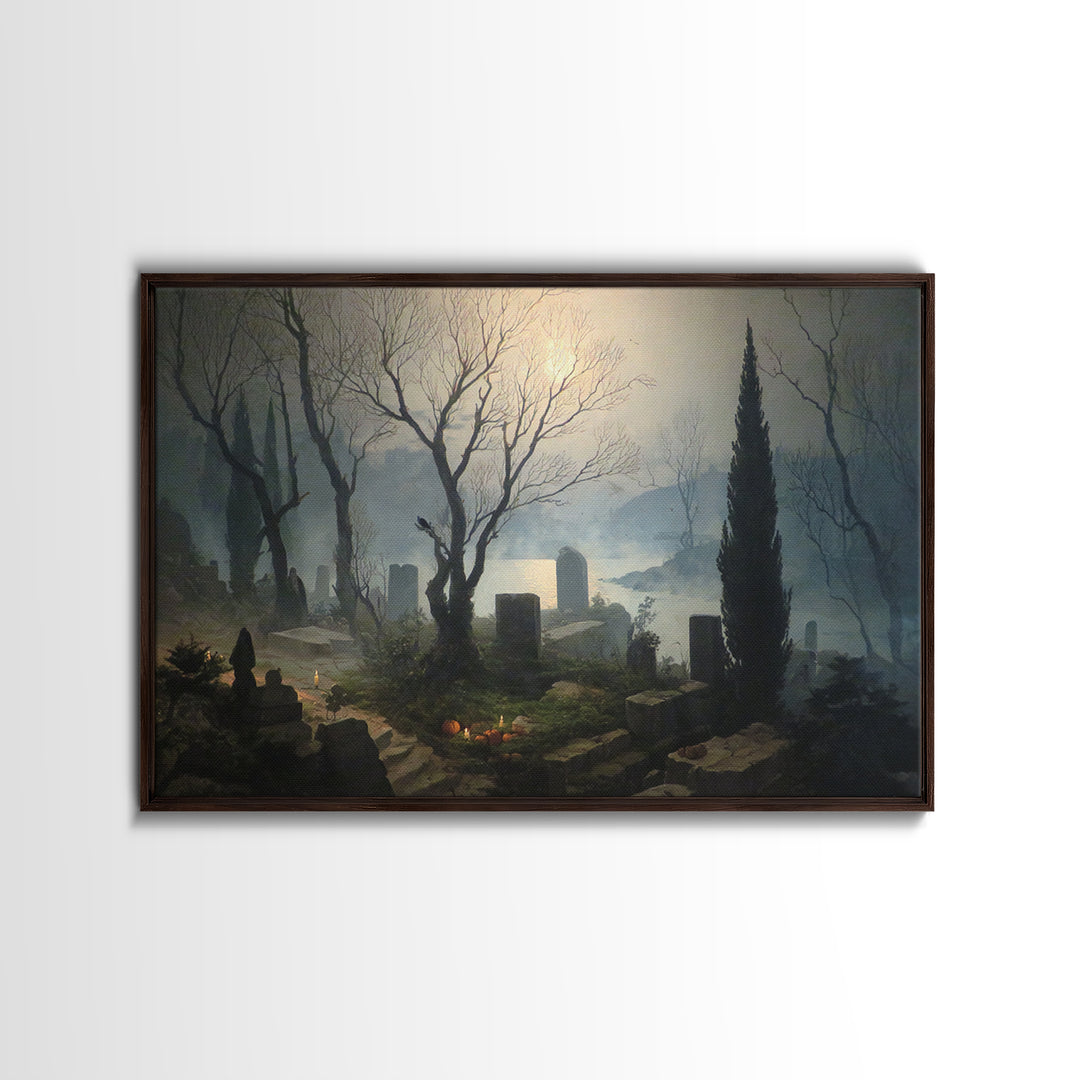 The Moonlit Cemetery, Symbolist Gothic Landscape, Landscape Wall Art, Dark Fantasy Wall Art, Canvas Print, Halloween Wall Art