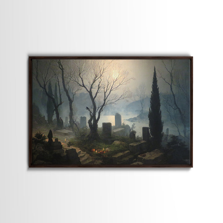 The Moonlit Cemetery, Symbolist Gothic Landscape, Landscape Wall Art, Dark Fantasy Wall Art, Canvas Print, Halloween Wall Art