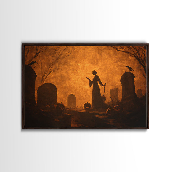 The Moonlit Cemetery, Dark Symbolist Art, Landscape Wall Art, Dark Halloween Decor, Framed Canvas Print, Halloween Wall Art