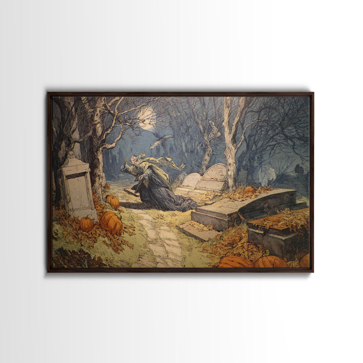 The Moonlit Cemetery, Symbolist Etching Art, Landscape Wall Art, Dark Fantasy Wall Art, Canvas Print, Halloween Wall Art