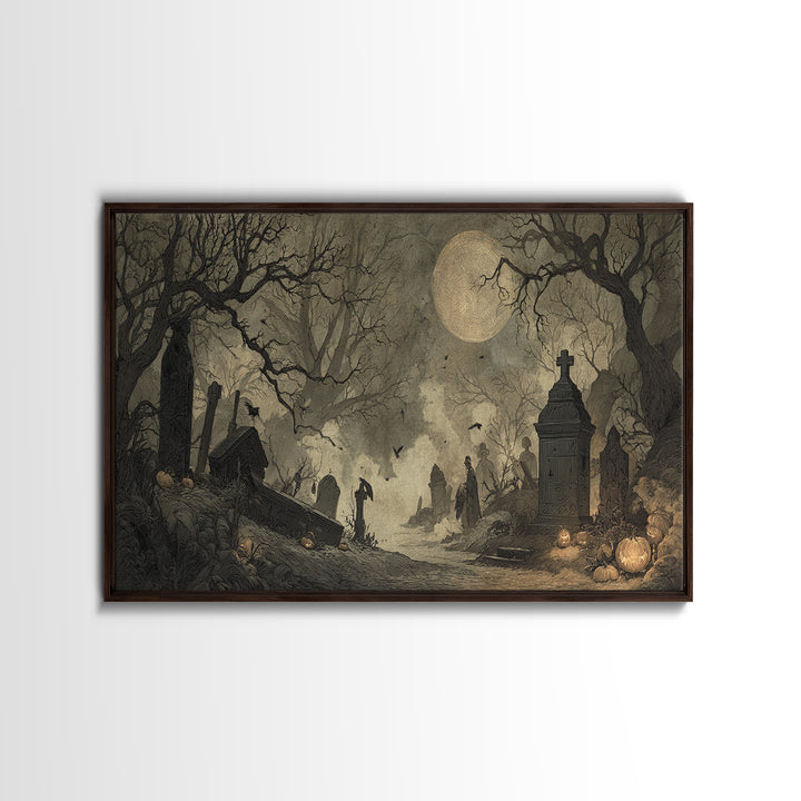 The Moonlit Cemetery, Expressionist Nightmare Art, Wide Panoramic Art, Macabre Wall Art, Canvas Print, Halloween Wall Art, Halloween Decor