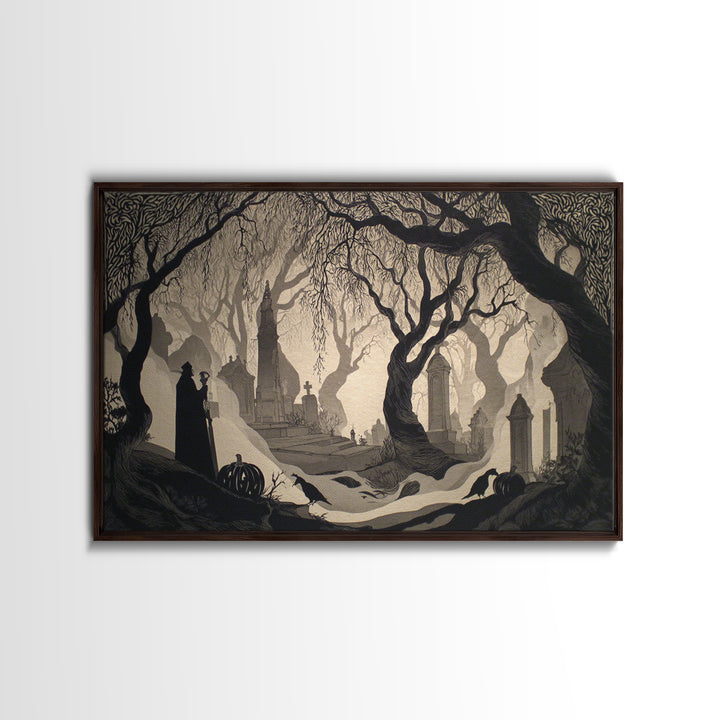 The Moonlit Cemetery, Decadent Line Art, Landscape Wall Art, Dark Fantasy Wall Art, Framed Canvas Print, Halloween Wall Art