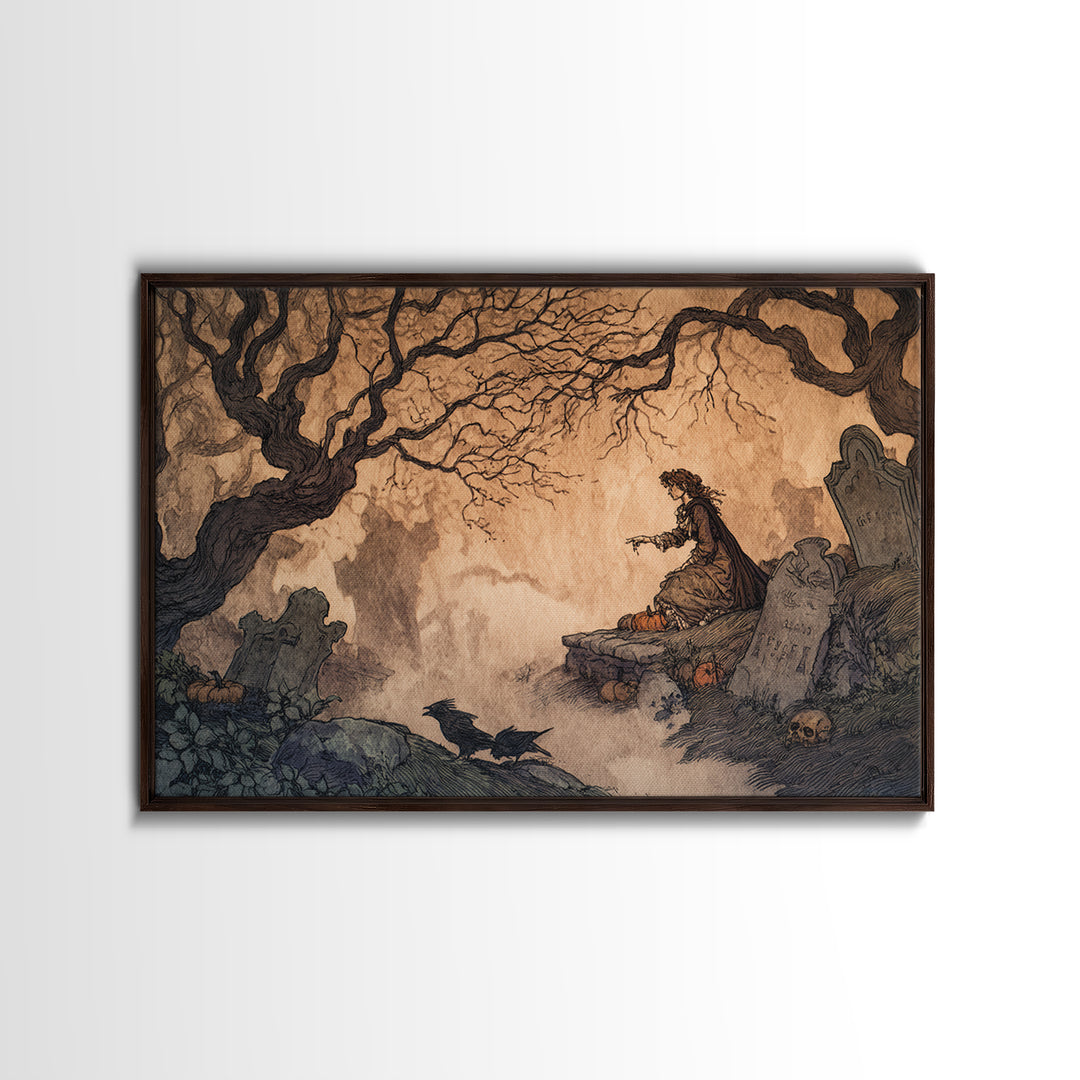 The Moonlit Cemetery, Gothic Storybook Art, Landscape Wall Art, Macabre Wall Art, Framed Canvas Print, Halloween Wall Art