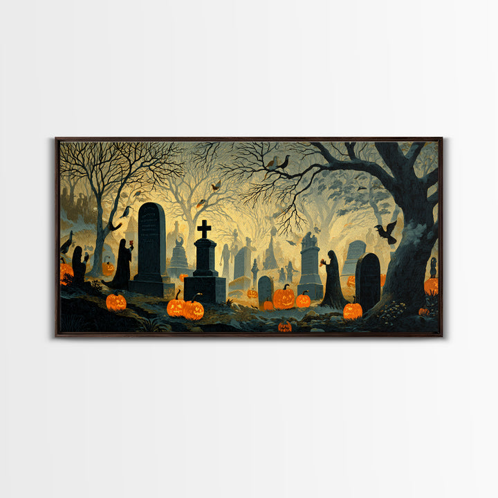 The Moonlit Cemetery, Macabre Folk Print Art, Wide Panoramic Art, Dark Fantasy Wall Art, Canvas Print, Halloween Wall Art