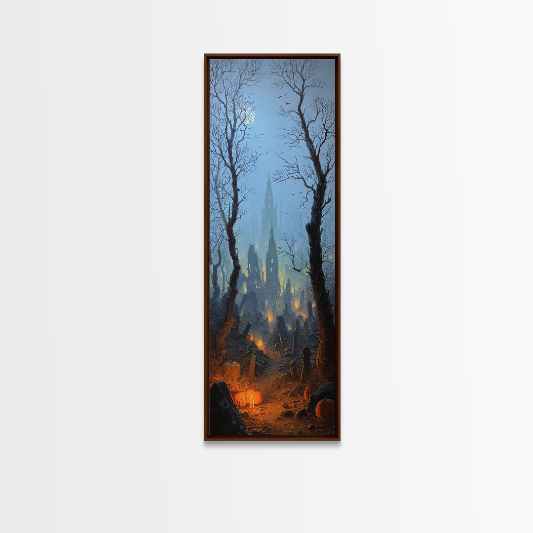 The Moonlit Cemetery, Surreal Apocalyptic Art, Tall Narrow Wall Art, Dark Halloween Decor, Canvas Print, Halloween Wall Art
