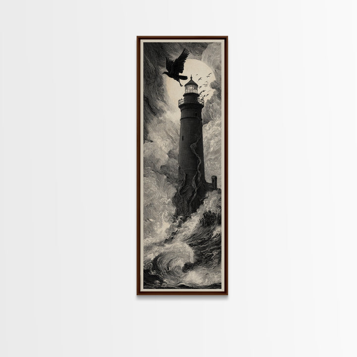 The Cursed Lighthouse, Gothic Engraving Art, Tall Narrow Wall Art, Dark Fantasy Wall Art, Framed Canvas Print, Halloween Wall Art