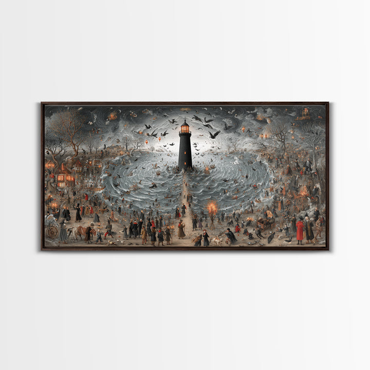 The Cursed Lighthouse, Northern Renaissance Horror, Wide Panoramic Art, Dark Halloween Decor, Canvas Print, Halloween Wall Art