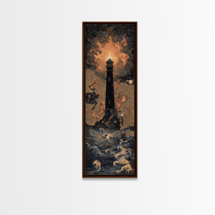 The Cursed Lighthouse, Visionary Gothic Art, Tall Narrow Wall Art, Dark Fantasy Wall Art, Framed Canvas Print, Halloween Wall Art