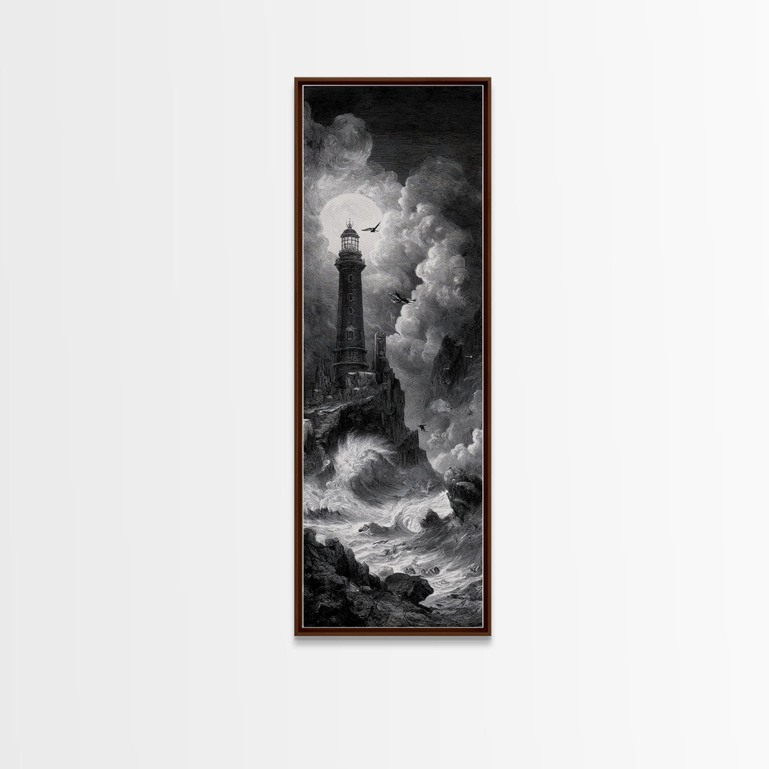 The Cursed Lighthouse, Architectural Etching Art, Tall Narrow Wall Art, Macabre Wall Art, Canvas Print, Halloween Wall Art
