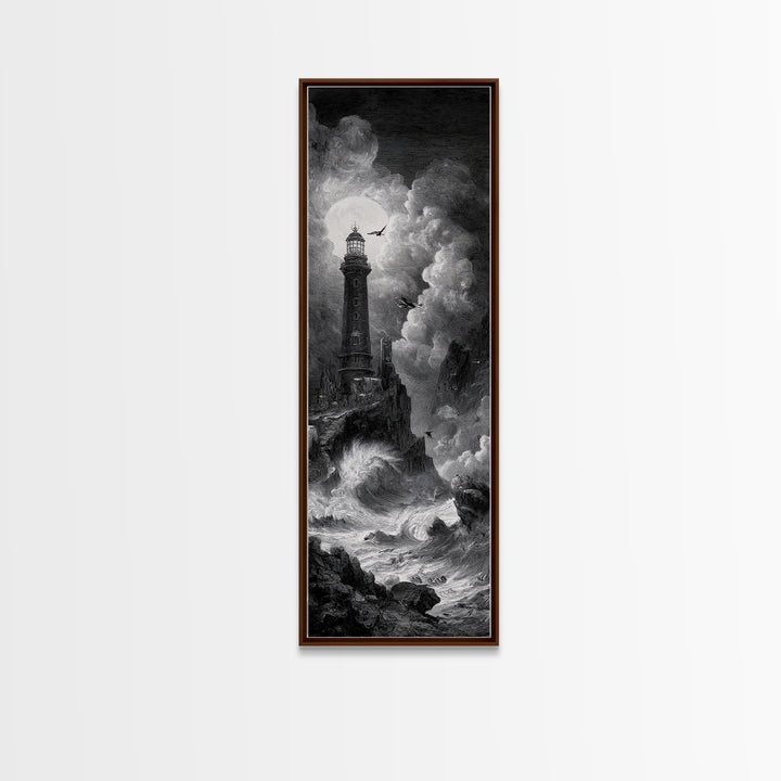 The Cursed Lighthouse, Architectural Etching Art, Tall Narrow Wall Art, Macabre Wall Art, Canvas Print, Halloween Wall Art