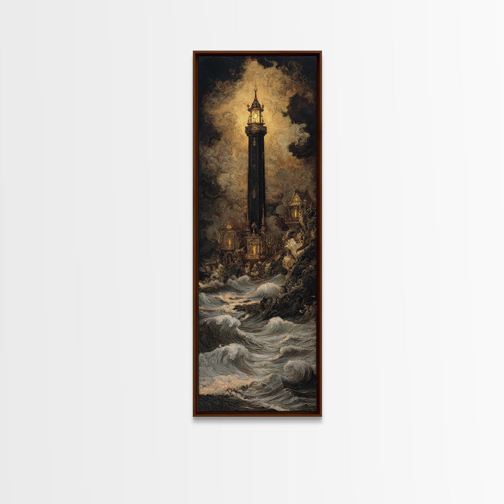 The Cursed Lighthouse, Ornate Symbolist Art, Tall Narrow Wall Art, Dark Halloween Decor, Framed Canvas Print, Halloween Wall Art