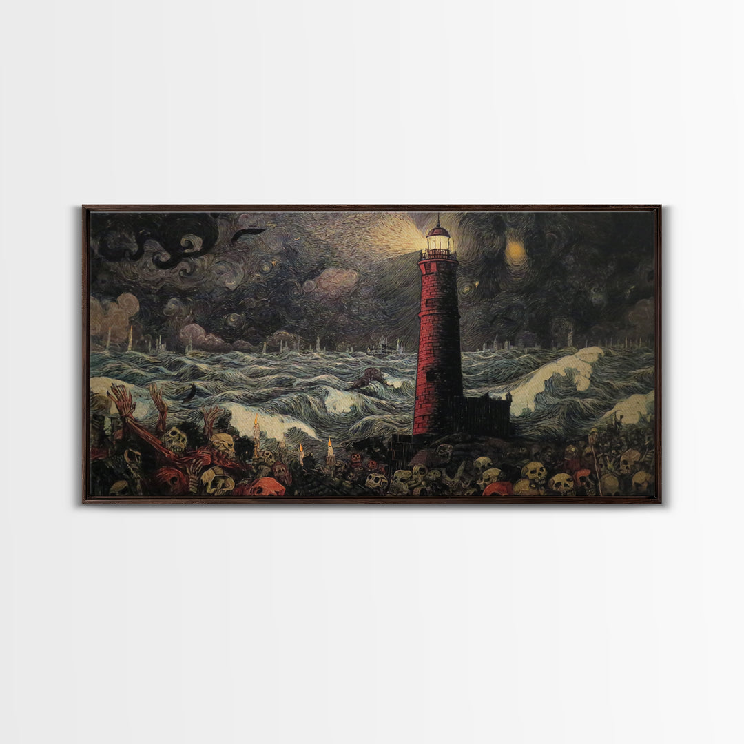 The Cursed Lighthouse, Grotesque Carnival Art, Wide Panoramic Art, Dark Fantasy Wall Art, Canvas Print, Halloween Wall Art