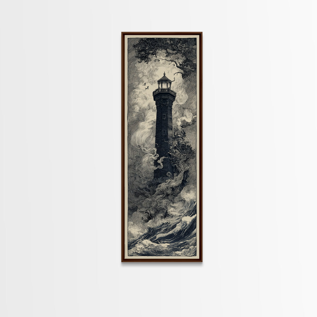 The Cursed Lighthouse, Gothic Storybook Art, Tall Narrow Wall Art, Macabre Wall Art, Canvas Print, Halloween Wall Art
