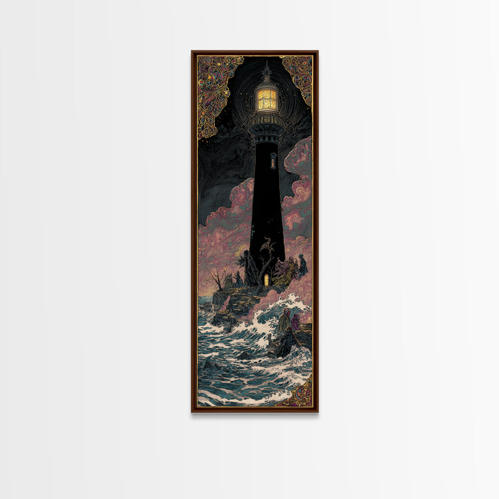 The Cursed Lighthouse, Stained Glass Gothic Art, Tall Narrow Wall Art, Dark Halloween Decor, Framed Canvas Print, Halloween Wall Art