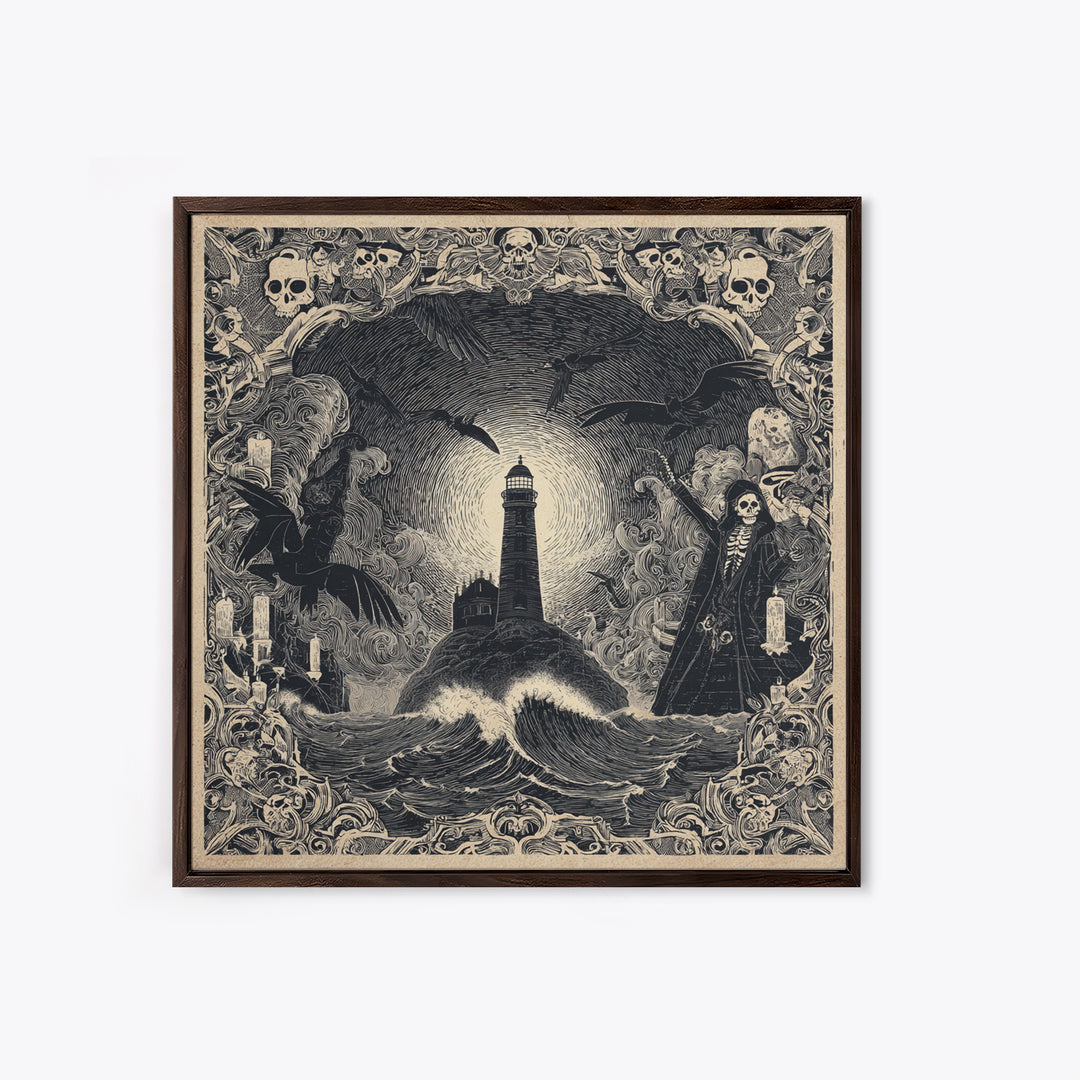 The Cursed Lighthouse, Macabre Folk Print Art, Square Wall Art, Gothic Horror Wall Art, Framed Canvas Print, Halloween Wall Art