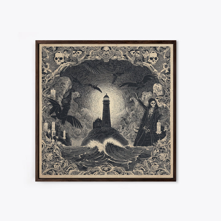 The Cursed Lighthouse, Macabre Folk Print Art, Square Wall Art, Gothic Horror Wall Art, Framed Canvas Print, Halloween Wall Art