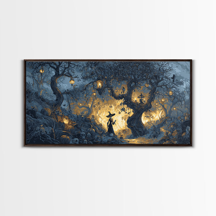 The Witch'S Forest, Macabre Folk Print Art, Wide Panoramic Art, Macabre Wall Art, Canvas Print, Halloween Wall Art