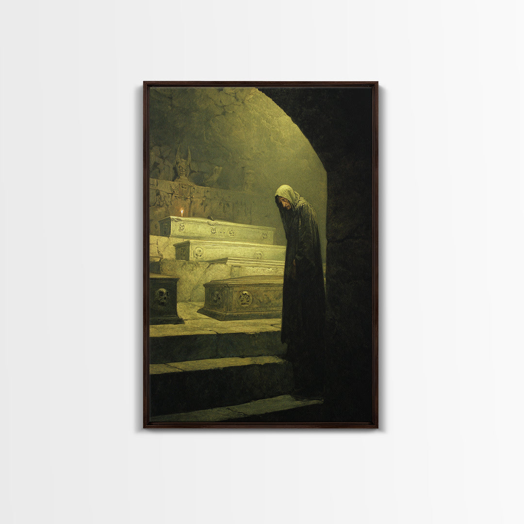 The Forgotten Crypt, Symbolist Etching Art, Vertical Wall Art, Dark Fantasy Wall Art, Framed Canvas Print, Halloween Wall Art