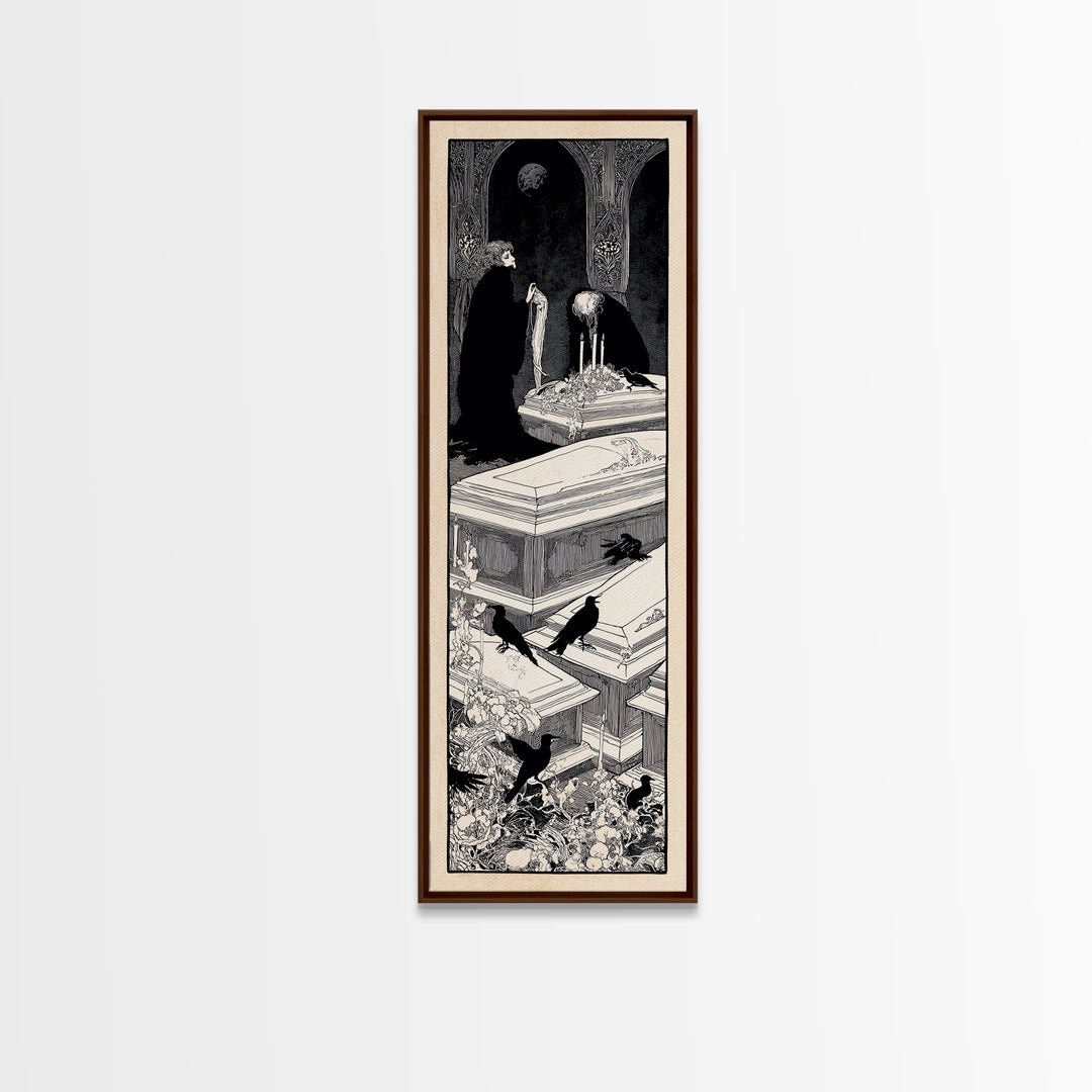 The Forgotten Crypt, Decadent Line Art, Tall Narrow Wall Art, Gothic Horror Wall Art, Framed Canvas Print, Halloween Wall Art