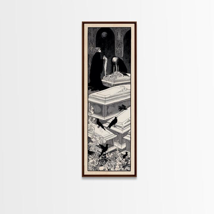The Forgotten Crypt, Decadent Line Art, Tall Narrow Wall Art, Gothic Horror Wall Art, Framed Canvas Print, Halloween Wall Art