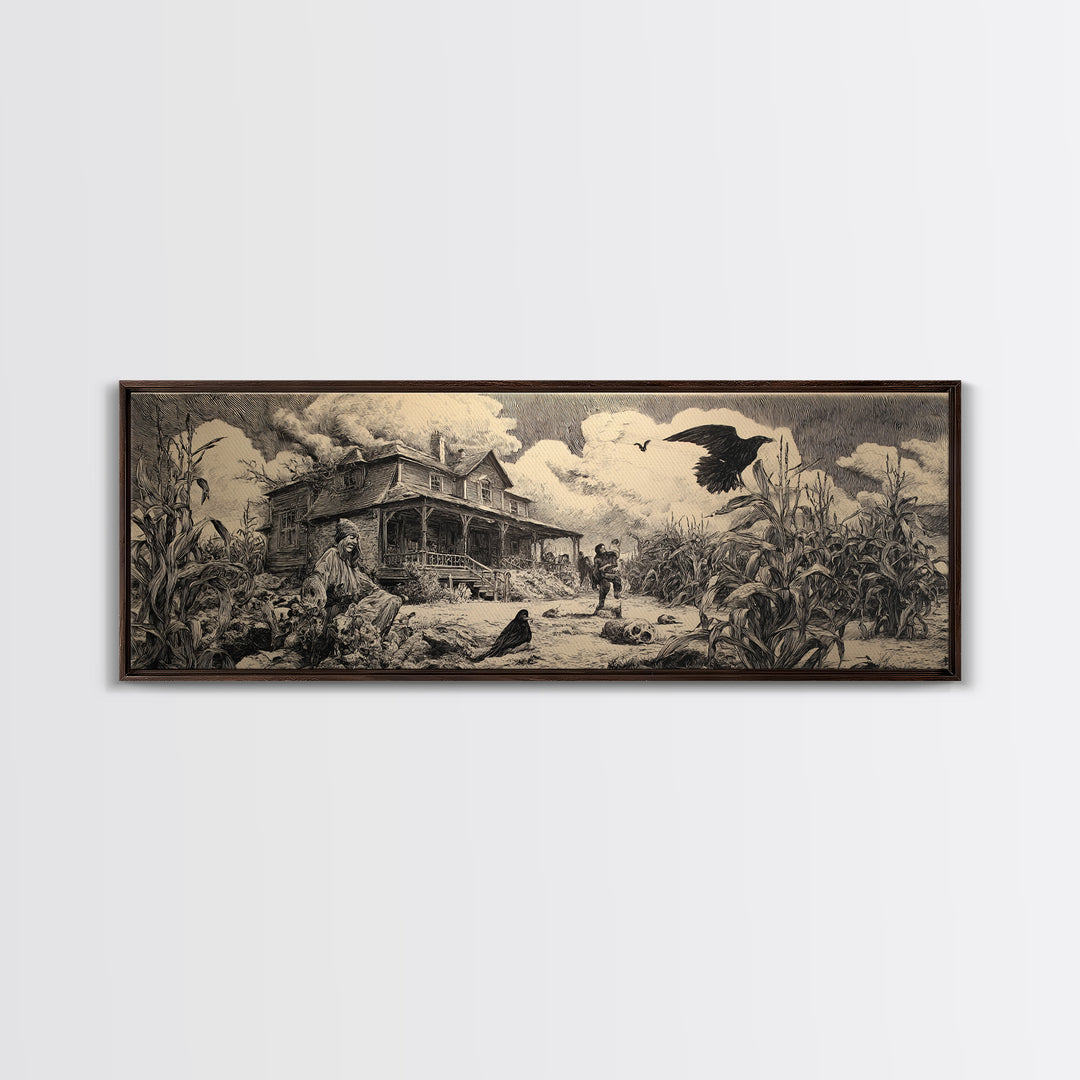 The Possessed Farmhouse, Renaissance Engraving Art, Extra Wide Wall Art, Dark Halloween Decor, Framed Canvas Print, Halloween Wall Art
