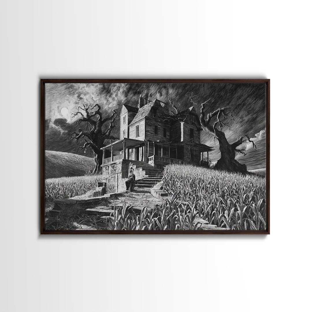 The Possessed Farmhouse, Architectural Etching Art, Landscape Wall Art, Macabre Wall Art, Framed Canvas Print