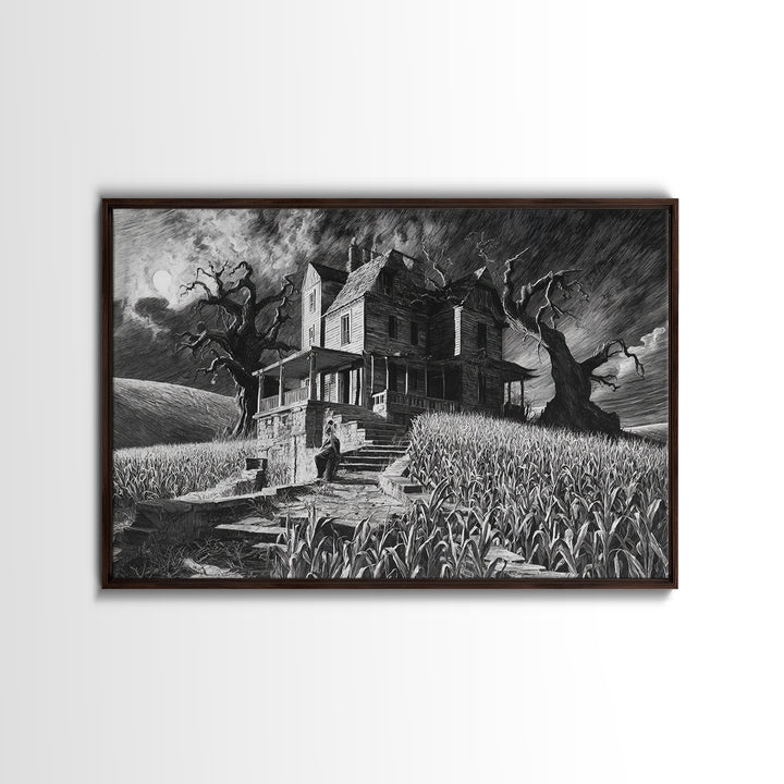 The Possessed Farmhouse, Architectural Etching Art, Landscape Wall Art, Macabre Wall Art, Framed Canvas Print