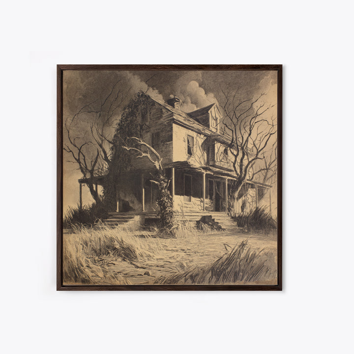 The Possessed Farmhouse, Symbolist Dream Art, Square Wall Art, Dark Halloween Decor, Canvas Print, Halloween Wall Art