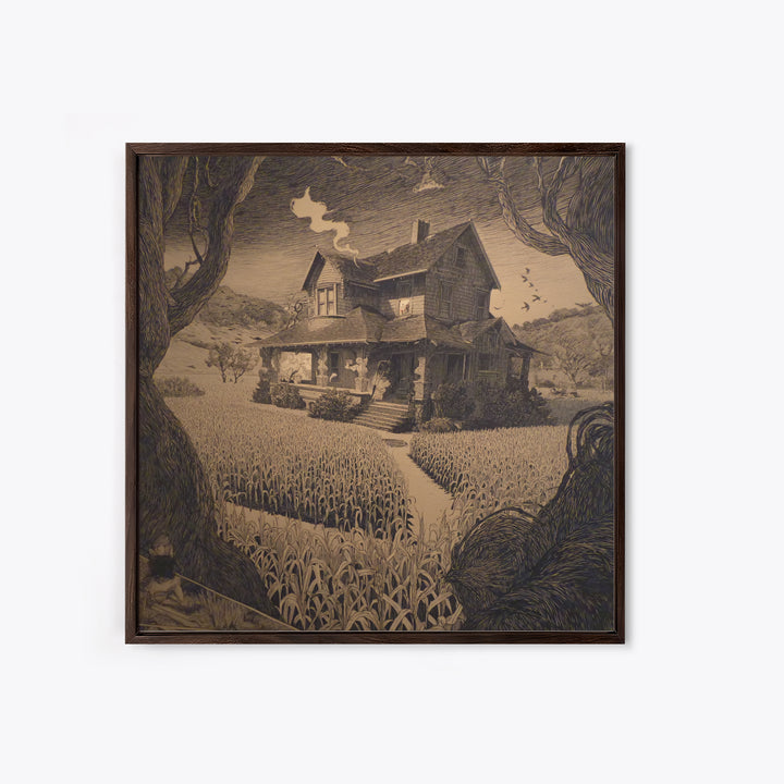 The Possessed Farmhouse, Symbolist Etching Art, Square Wall Art, Dark Halloween Decor, Framed Canvas Print, Halloween Wall Art