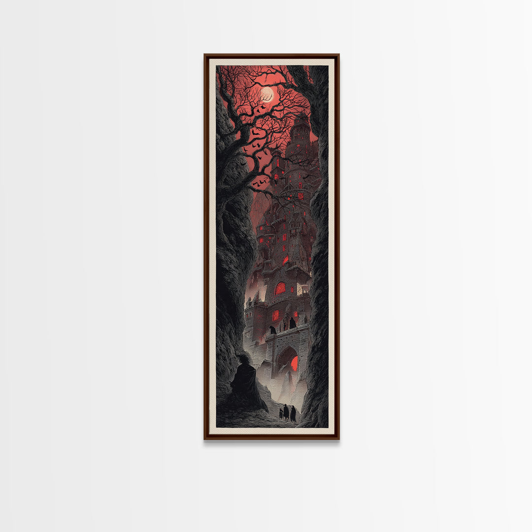The Vampire Castle, Gothic Engraving Art, Tall Narrow Wall Art, Dark Halloween Decor, Canvas Print, Halloween Wall Art