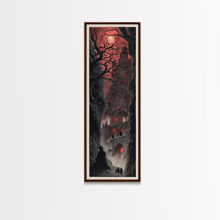 The Vampire Castle, Gothic Engraving Art, Tall Narrow Wall Art, Dark Halloween Decor, Canvas Print, Halloween Wall Art