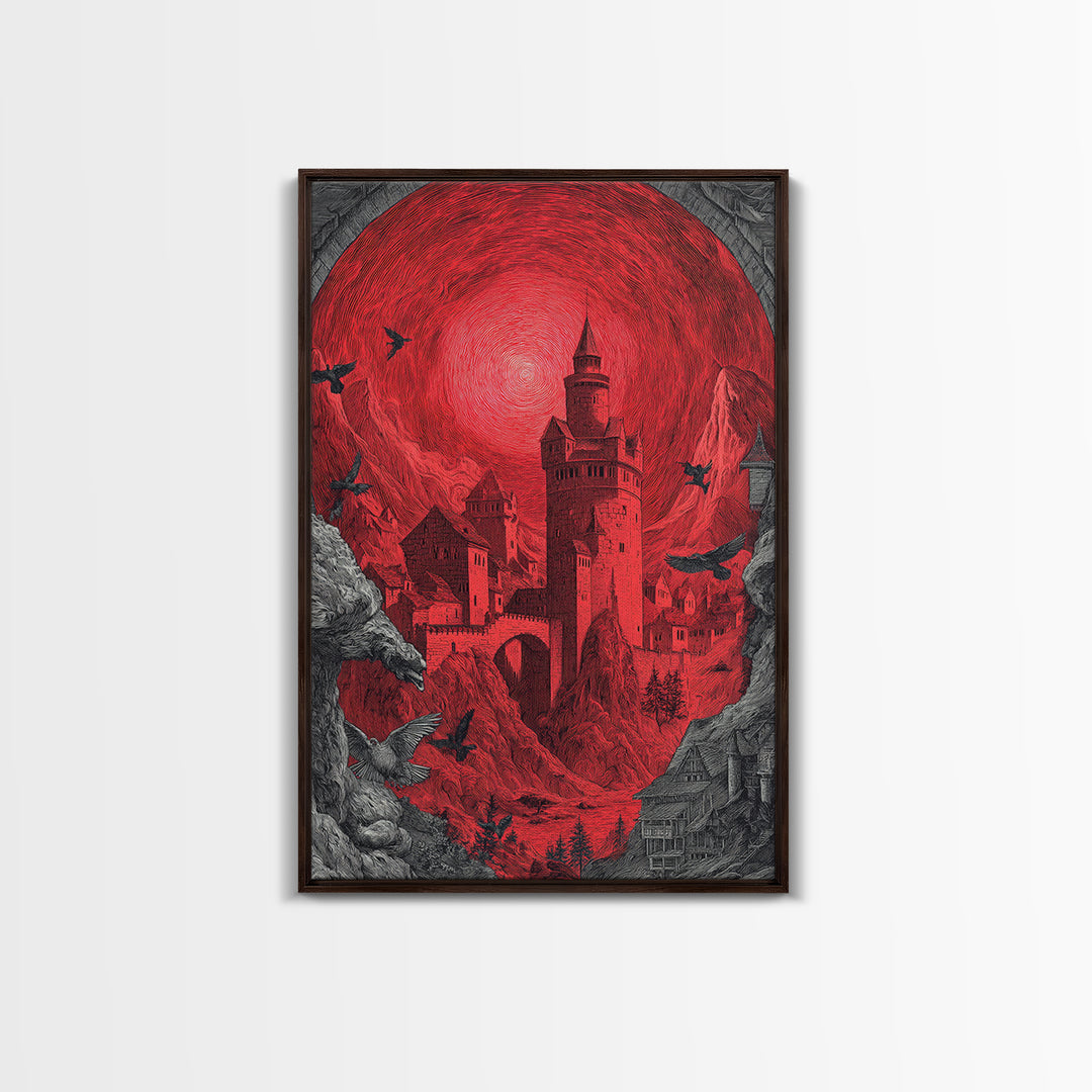 The Vampire Castle, Renaissance Engraving Art, Vertical Wall Art, Dark Halloween Decor, Framed Canvas Print, Halloween Wall Art