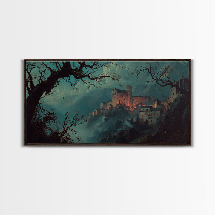 The Vampire Castle, Baroque Witchcraft Art, Wide Panoramic Art, Dark Fantasy Wall Art, Framed Canvas Print, Halloween Wall Art