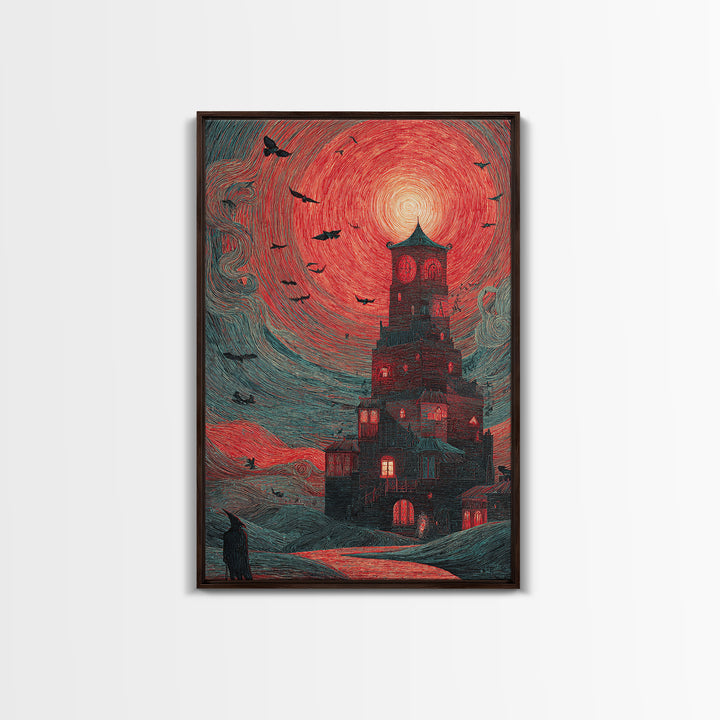 The Vampire Castle, Expressionist Gothic Art, Vertical Wall Art, Dark Halloween Decor, Canvas Print, Halloween Wall Art