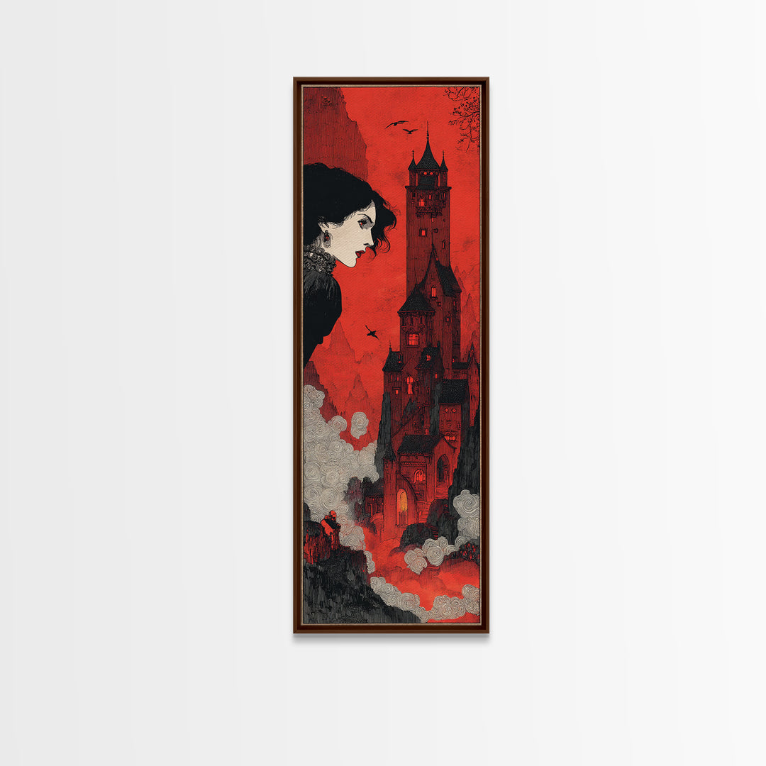 The Vampire Castle, Decadent Line Art, Tall Narrow Wall Art, Gothic Horror Wall Art, Framed Canvas Print, Halloween Wall Art