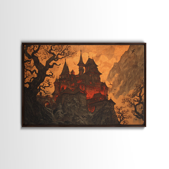 The Vampire Castle, Gothic Storybook Art, Landscape Wall Art, Dark Fantasy Wall Art, Framed Canvas Print, Halloween Wall Art