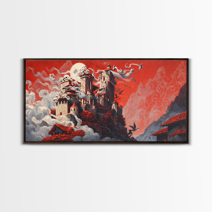 The Vampire Castle, Macabre Folk Print Art, Wide Panoramic Art, Dark Halloween Decor, Canvas Print, Halloween Wall Art
