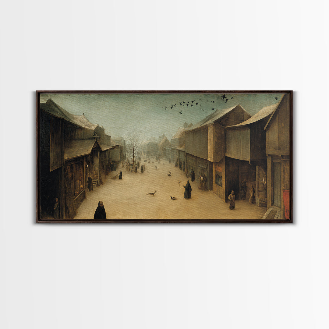 The Ghost Town Main Street, Northern Renaissance Horror, Wide Panoramic Art, Dark Halloween Decor, Framed Canvas Print