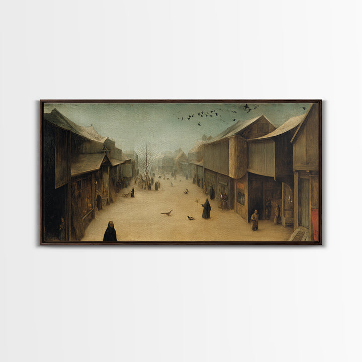 The Ghost Town Main Street, Northern Renaissance Horror, Wide Panoramic Art, Dark Halloween Decor, Framed Canvas Print