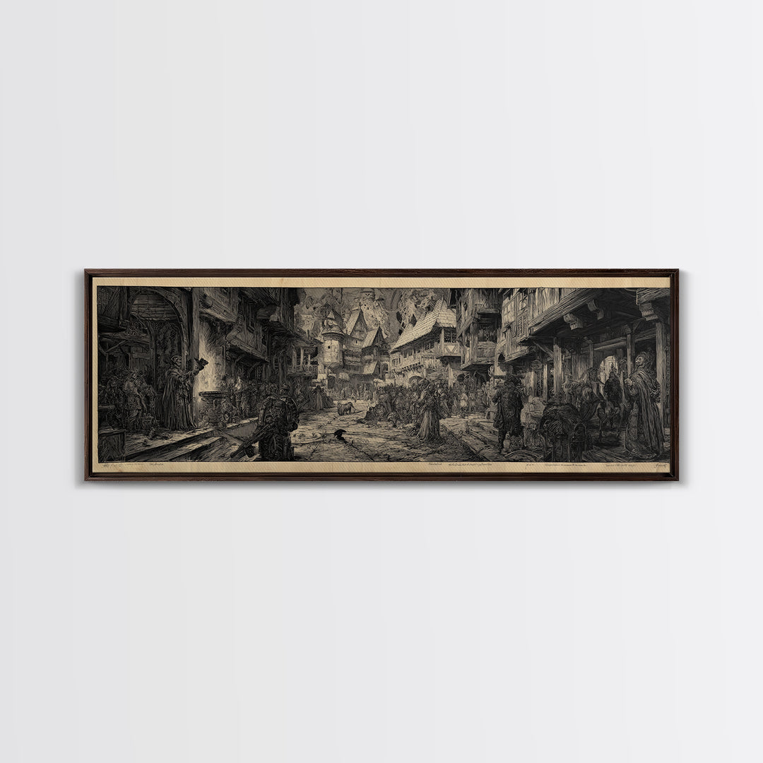 The Ghost Town Main Street, Renaissance Engraving Art, Extra Wide Wall Art, Dark Halloween Decor, Framed Canvas Print, Halloween Wall Art